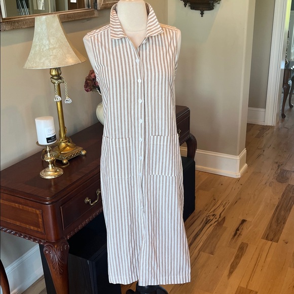 Comfy Cotton Tan White Striped Shirt Dress New Midi - Picture 4 of 9